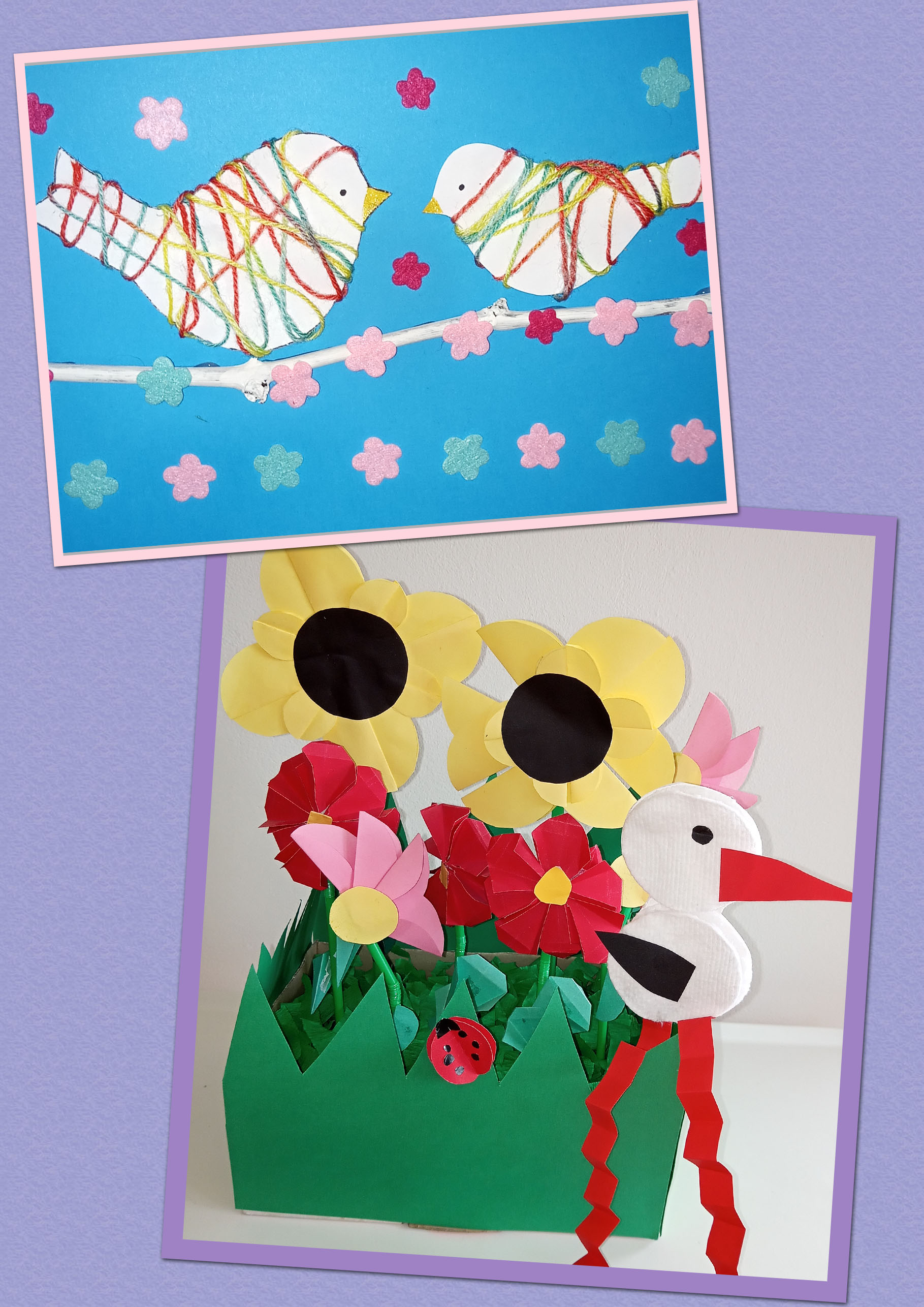 dziecięce prace plastyczne: papierowe,kolorowe kwiaty i ptaki